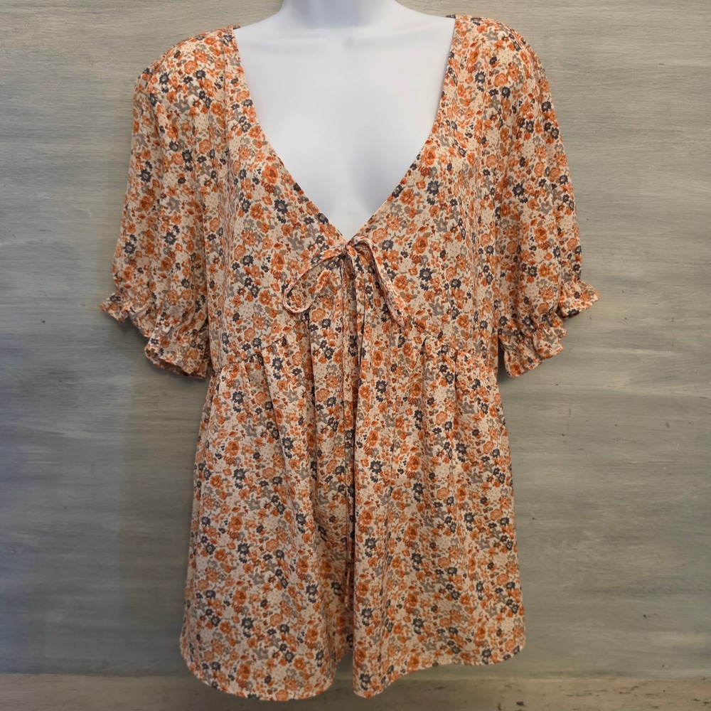 Shein Curve Peach Floral Print Vneck Tie Front Babydoll Blouse Size 1X GC